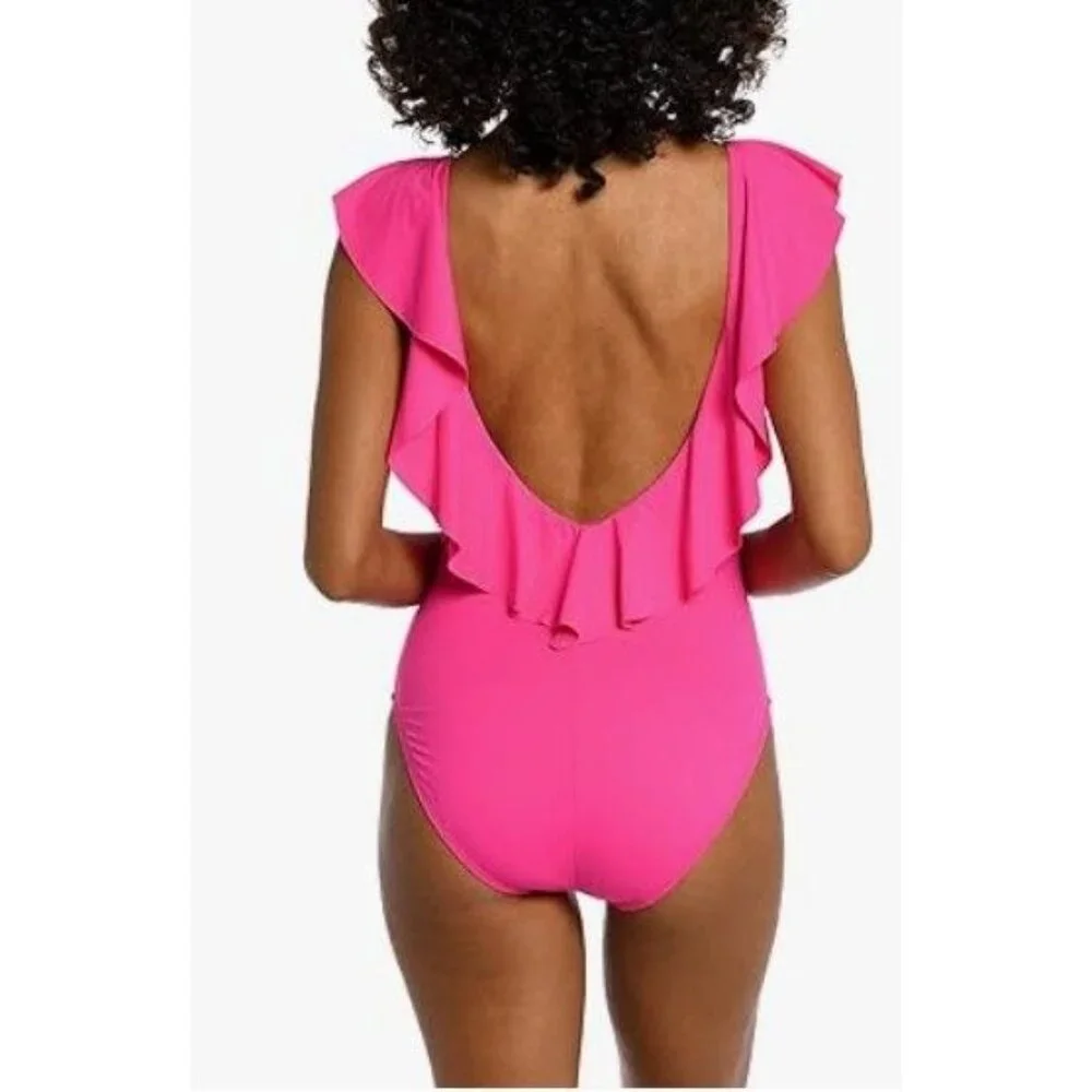 La Blanca Island Goddess Plunge Size 16 Ruffle One Piece Swimsuit Pop Pink NWT $